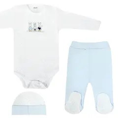GENERICO - Ajuar Bebé 3 piezas Algodon - Conejos - Blanco / Celeste