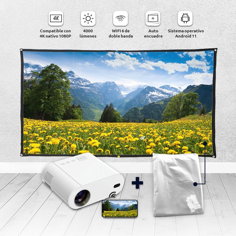 Proyector Android FHD WiFi Bluetooth HDMI LAN AV + Tela ecran 120 pulgadas L007CQ