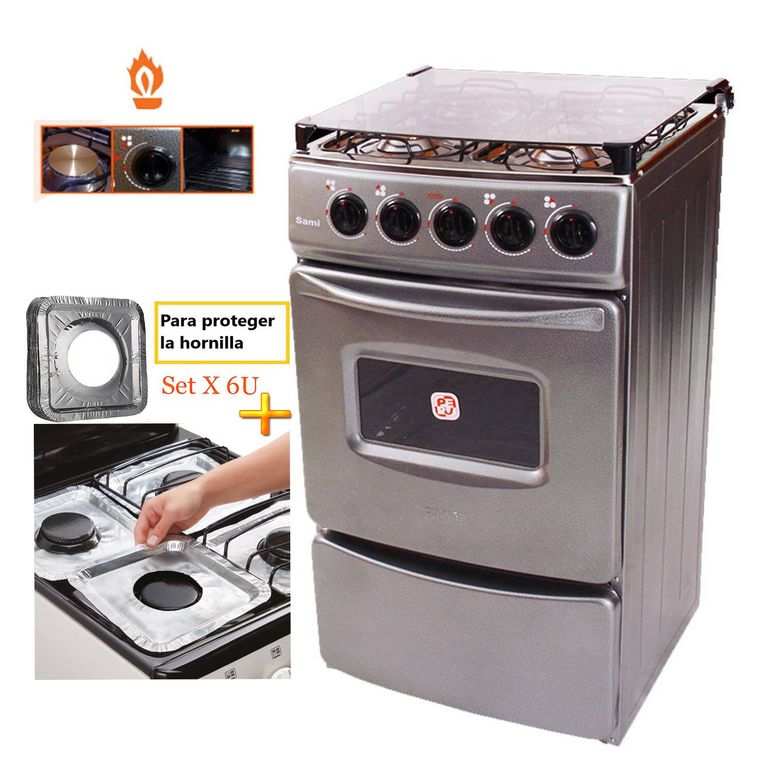 Cocina con tapa de vidrio y horno sami 4h Gris +Protector