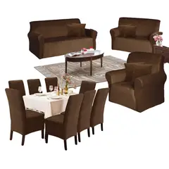 SALA FABULOSA - Set funda de mueble 3-2-1 + 8 fundas de silla terciopelo chocolate
