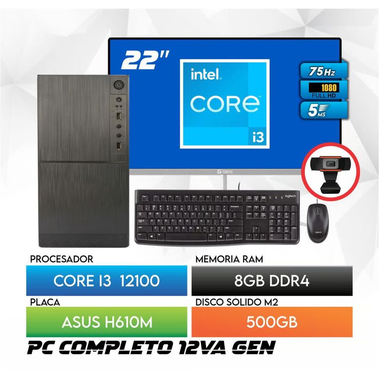 Computadora PC Core i3 12100 RAM 8GB SSD 500GB Monitor 22 FHD webcam