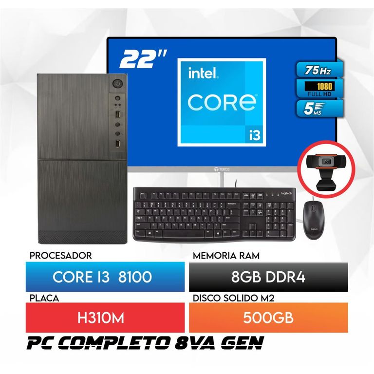 Computadora PC Core i3 8100 RAM 8GB SSD 500GB Monitor 22 FHD webcam
