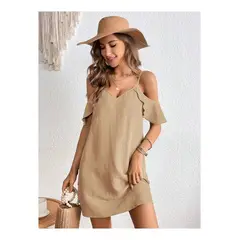 KAST PE - Vestido de Verano Alira Beige con hombros descubiertos - Talla M
