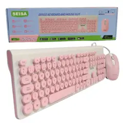 SEISA - Kit Teclado y Mouse Rosado Blanco Alámbrico para Pc Laptop