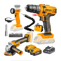 INGCO TOOLS - SET TALADRO ATORNILLADOR + AMOLADORA + LINTERNA INGCO PUNTAS