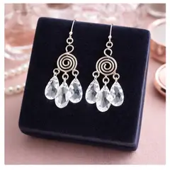 FERNANDA ROMERO JOYAS Y ACCESORIOS - Aretes Colgantes Gotas Cristalinas Transparentes - elaboradas en Plata Nacional