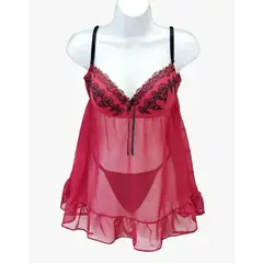 GENERICO - Baby Doll Rojo con copa lisa Bordado a mano Talla M 34B De Alcoba