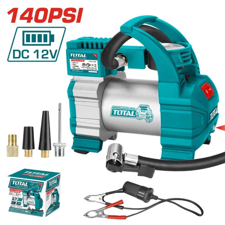 Minicompresora 12v 140Psi con accesorios Total