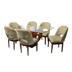 BARAKA HOME - Juego de Comedor Brasilia con 6 Sillas Mesa de Vidrio - Beige Oscuro