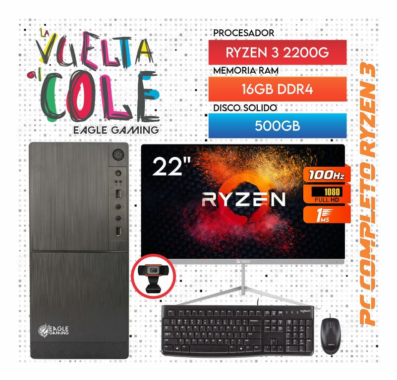 Computadora PC GAMER RYZEN 3 2200G RAM 16GB SSD 500GB Monitor 22" KIT LOGITECH