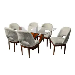 BARAKA HOME - Juego de Comedor Brasilia con 6 Sillas Mesa de Vidrio - Beige Claro