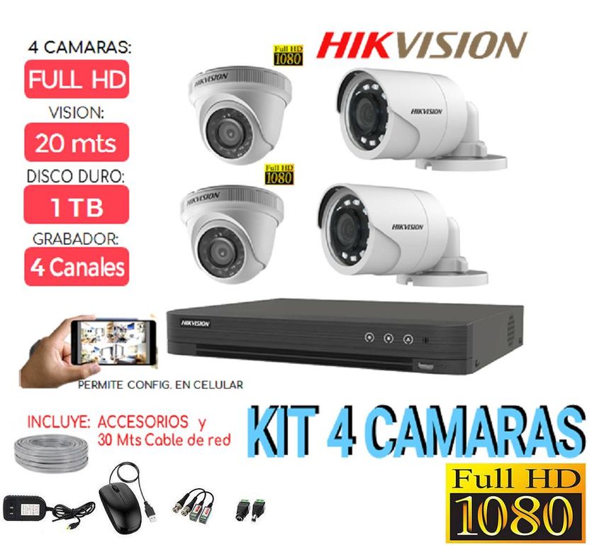 Kit 4 Camaras Full HD DVR Disco 1Tb, cable red 40 mts, accesorios