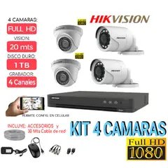 HIKVISION - Kit 4 Camaras Full HD DVR Disco 1Tb, cable red 40 mts, accesorios