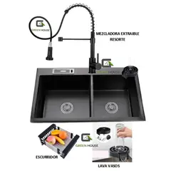 IMPORTADO MC - COMBO LAVADERO DE COCINA 2 POZAS + MEZCLADORA EXTRAIBLE RESORTE
