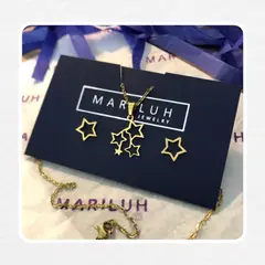 GENERICO - Pack Acero Collar con dije y Aretes - Triple Estrella Lineas Dorado