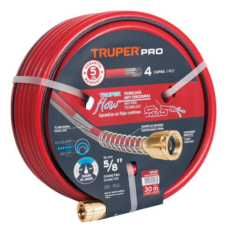 Manguera 5/8" super reforzada 4 capas 30 m conexiones metal