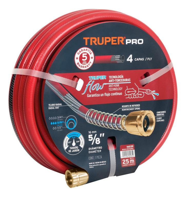 Manguera 5/8" super reforzada 4 capas 25 m conexiones metal