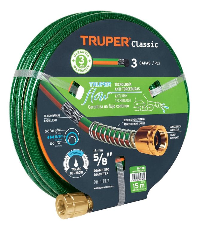 Manguera 5/8" reforzada 3 capas 15 m conexiones de metal