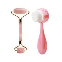 GENERICO - Rodillo Facial de Cuarzo Rosa y Cepillo Facial