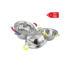 GENERICO - Set x 3 Colador de acero multiusos con asas de colores 22, 24, 26 cm