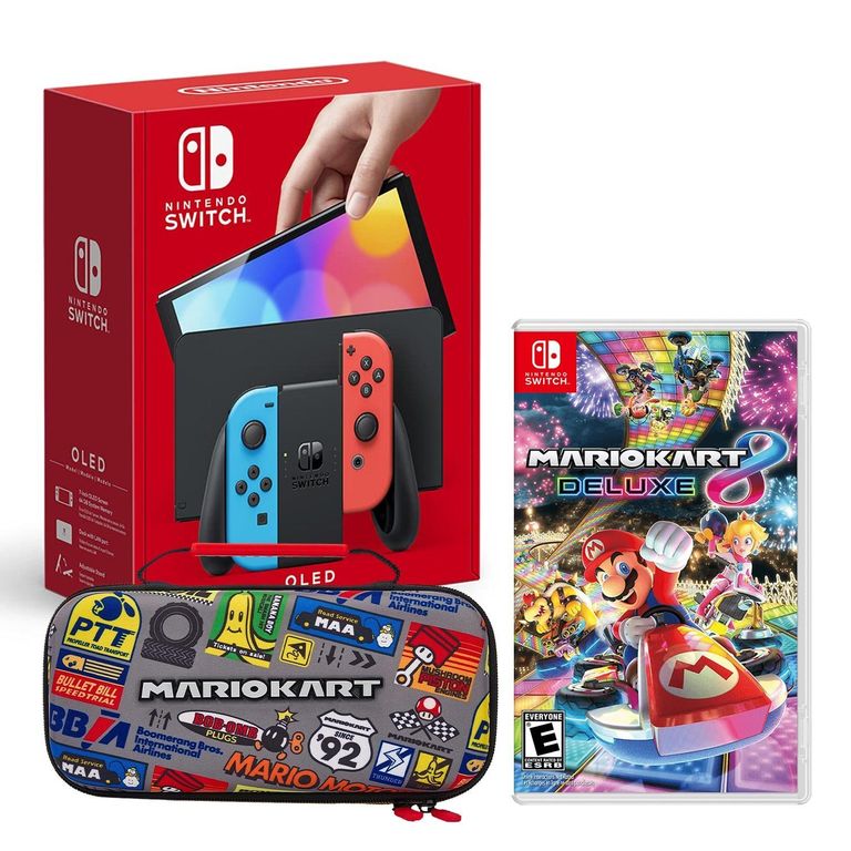 Consola Switch Oled Neon + Mario Kart 8 + Estuche Mario Kart