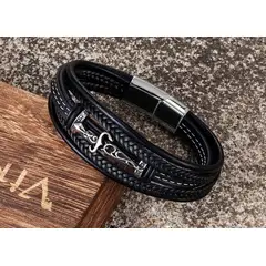 GENERICO - Pulsera Brazalete de Cuero Negro Cuerdas con Espada Acero Inoxidable