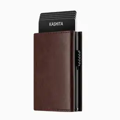 KASHITA - Billetera Marrón Hombre Cuero Tarjetero Imantado automático RFID