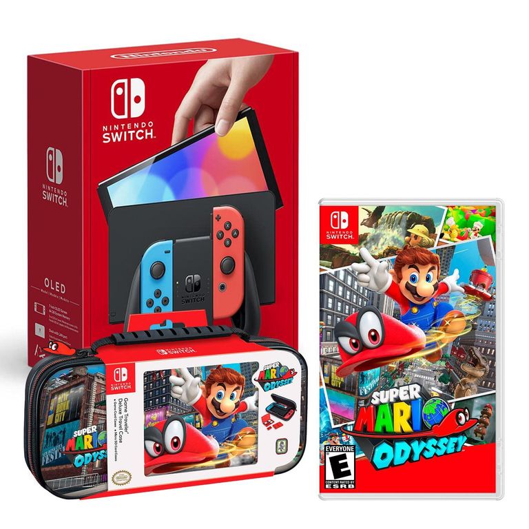 Consola Switch Oled Neon + Mario Odyssey + Estuche Odyssey