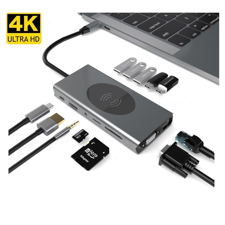 Hub Estacion 13 en 1 Tipo C Gigabit 4k Multiport carga Inalambrica