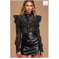 GENERICO - Top De Lunares Con Botones Y Encaje En Blanco Y Negro Respect - LULUS