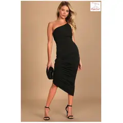 GENERICO - Vestido a media pierna ajustado con un hombro fruncido - LULUS