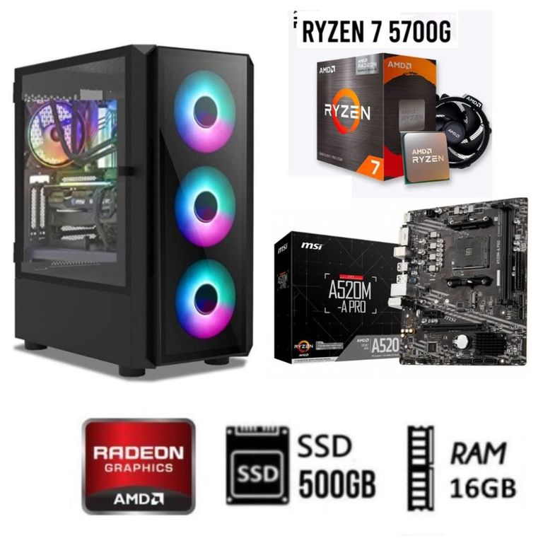 Computadora GAMER  PC Ryzen 7-5700G Ram 16GB  Disco Solido SSD 500GB CASE RGB
