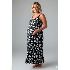 GENERICO - Vestido Maternal Tiritas Broche y Top Lactancia NegroFloresBlanca