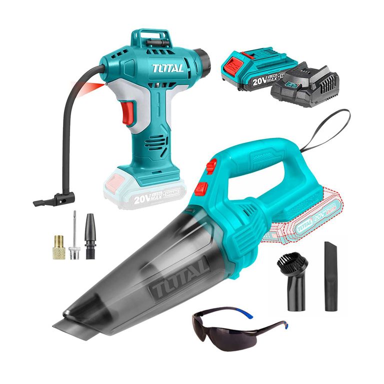 ASPIRADORA DE MANO INALAMBRICA + INFLADOR TOTAL 20V CARROS