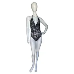 GENERICO - Body negro de encaje floral con detalles en la espalda Talla M