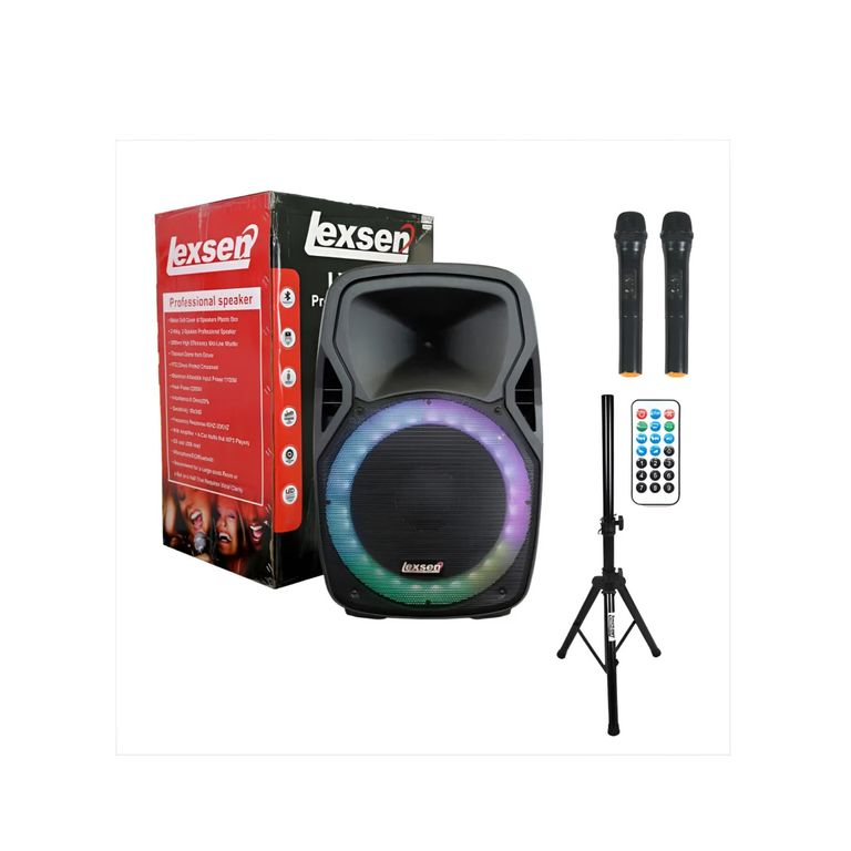PARLANTE AMPLIFICADO LEXSEN 15 PULGADA + TRIPODE + 2 MICRO INALAMBRICO