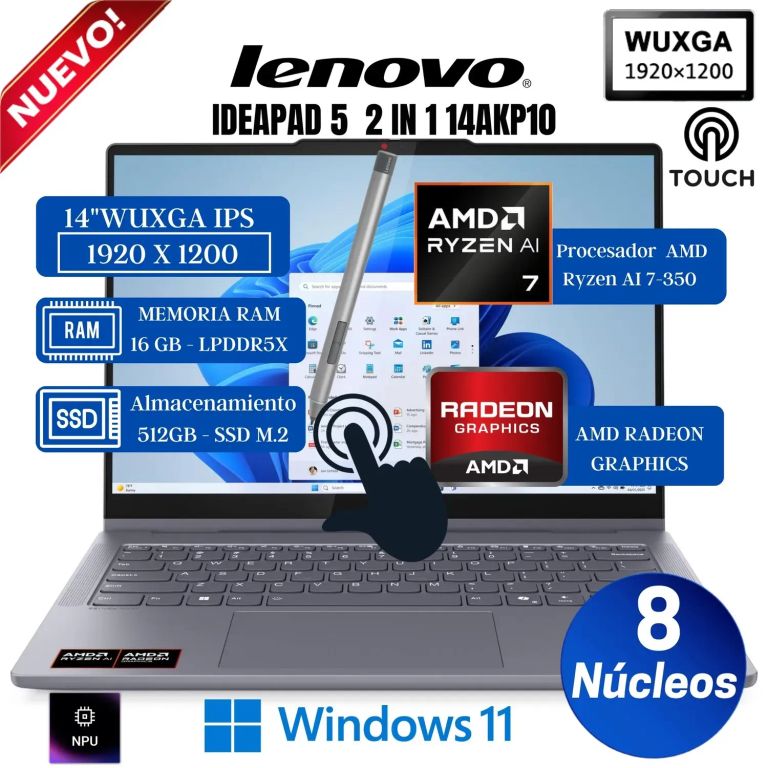 Laptop IdeaPad 5 2-in-1 14AKP10 14” WUXGA, Táctil, Ryzen AI 7-350, Ram16GB, Ssd 512GB, Win 11