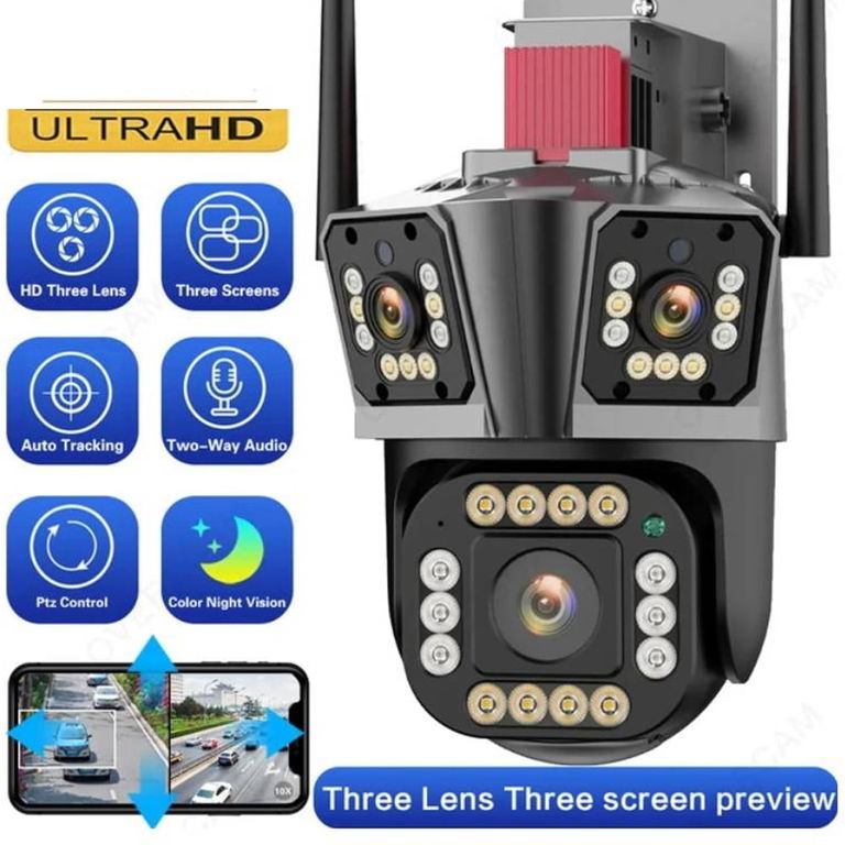 Camara seguridad Ip Wifi Ptz TRIPLE Lente 360 Exterior RJ45 TF