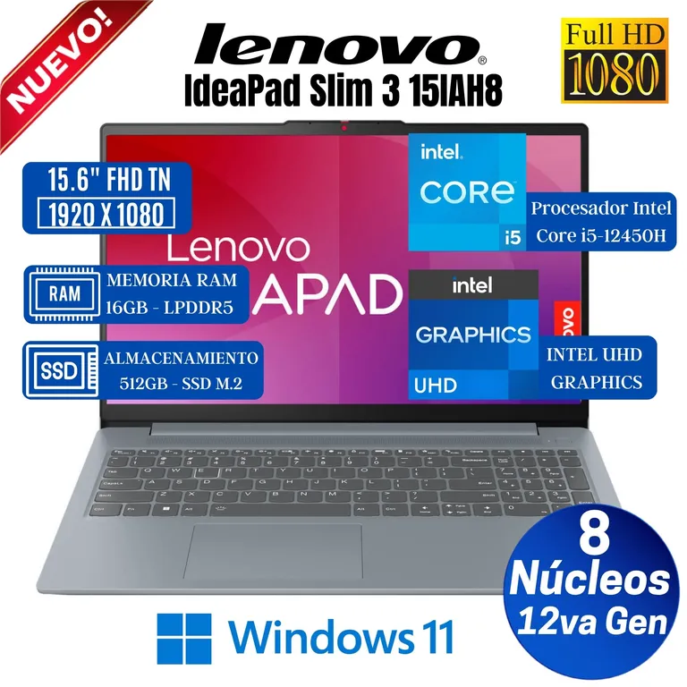Laptop Ideapad SLIM 3 15IAH8 15.6" FHD, Core i5-12450H, Ram 16GB, Ssd 512GB, Win 11 Pro