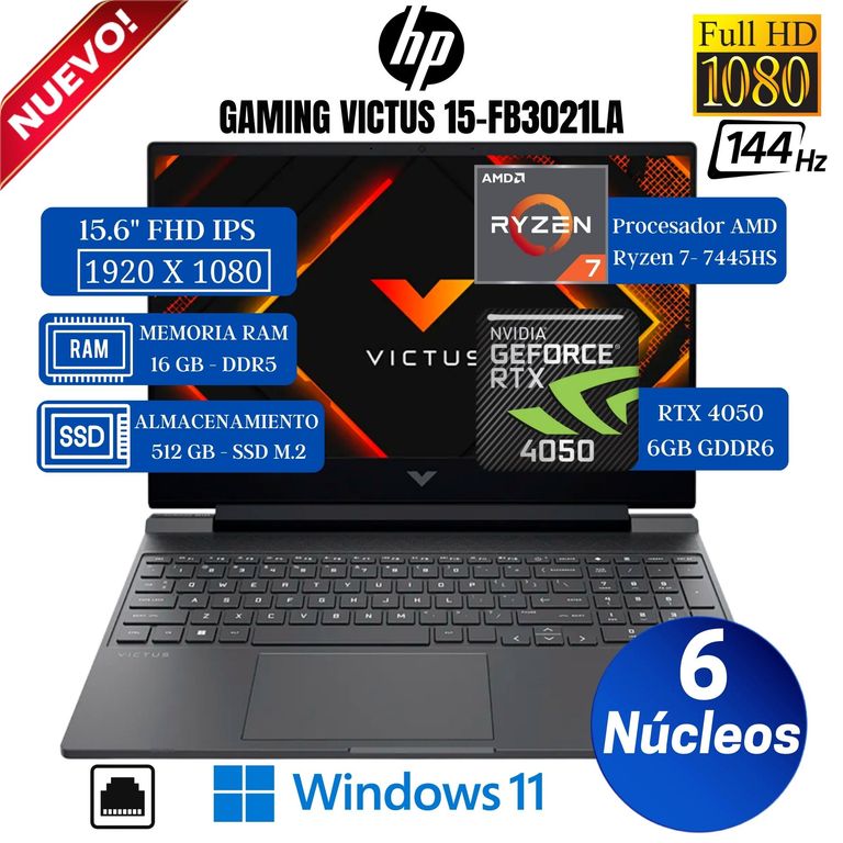 Laptop Gamer Victus 15-FB3021LA 15.6” FHD, Ryzen 7-7445HS, Ram 16GB, SSD 512GB, Rtx 4050, Win 11