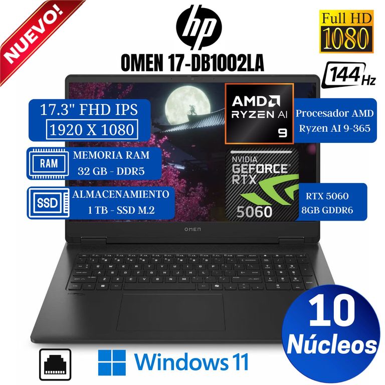 Laptop GAMING OMEN 17-db1002la 17.3” FHD, Ryzen AI 9-365, Ram 32GB, SSD 1TB, Rtx 5060 8GB, Win 11