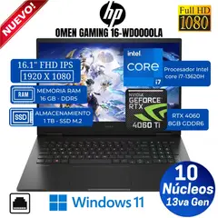 Laptop Omen GAMING 16-wd0000la 16.1” FHD, Core i7-13620H, Ram 16GB, SSD 1TB, Rtx 4060, Win 11