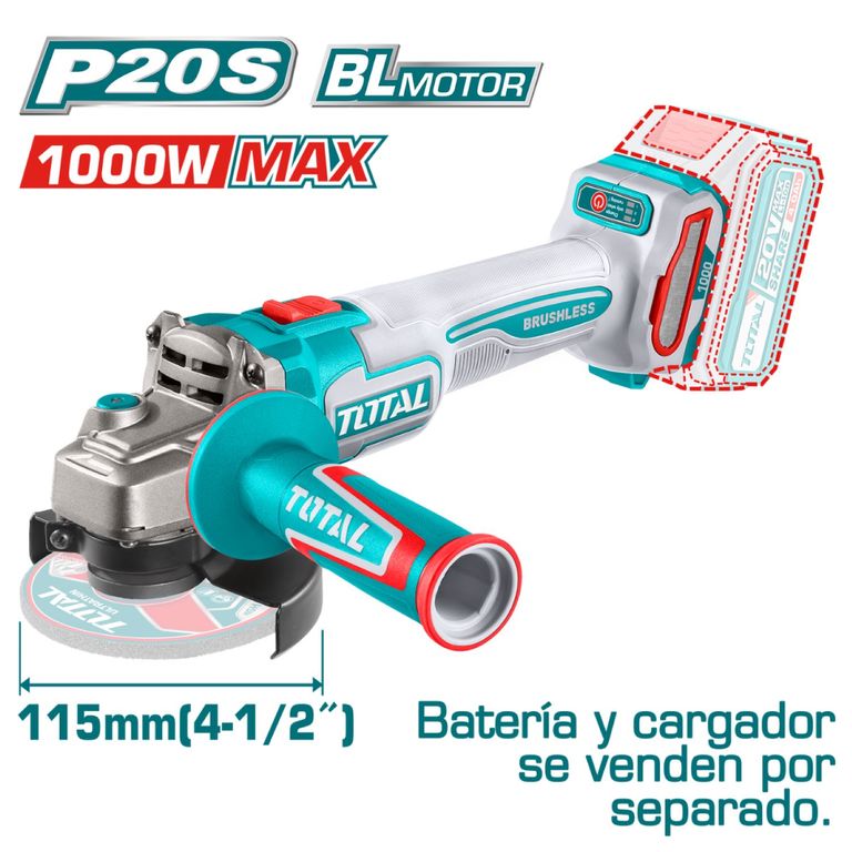 AMOLADORA 20V BL 4½ INALÁMBRICA 1000W TOTAL CABEZAL -TAGLI27153