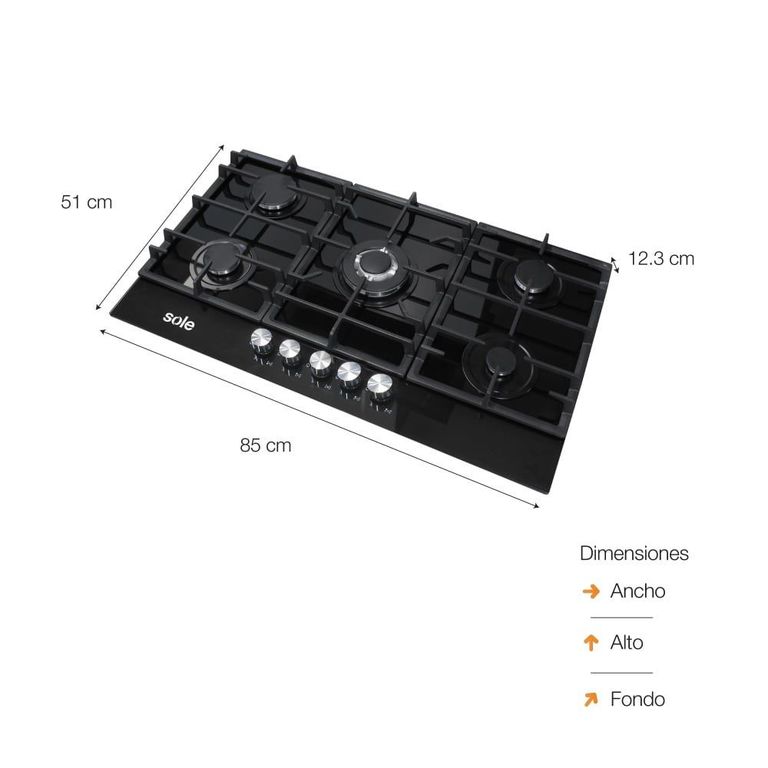 Cocina Empotrable A Gas 5 Hornillas Vidrio Solco046V2.