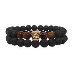 LUCYANA JOYAS Y ACCESORIOS - Juego de Pulseras para Hombre Calavera Piedra Volcánica y Ojo Tigre