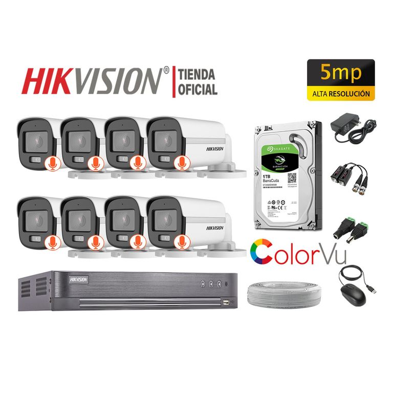 CÁMARAS SEGURIDAD EXTERIOR KIT 8 5MP COLORVU DISCO 1TB