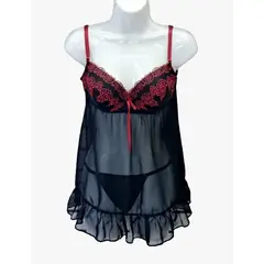 GENERICO - Baby doll Negro Copa Bordada con flores rojas talla M de DEALCOBA