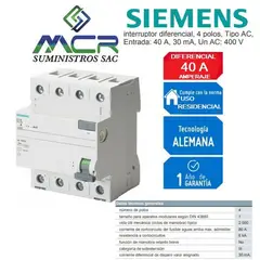 SIEMENS - INTERRUPTOR DIFERENCIAL 4X40 A AC 30MA 400V