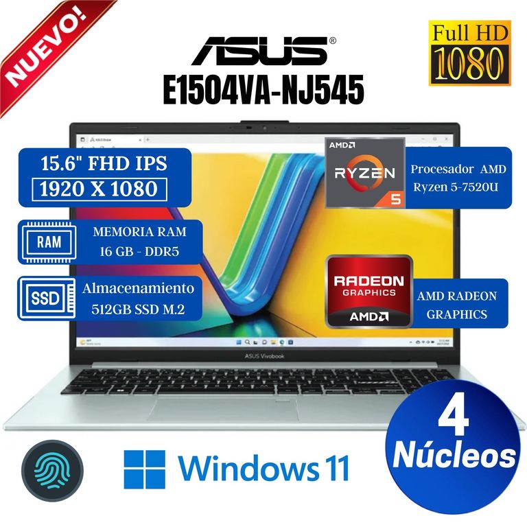 Laptop Vivobook E1504FA-nj545 15.6" FHD, AMD Ryzen 5-7520U, Ram 16GB, SSD 512GB, Win 11