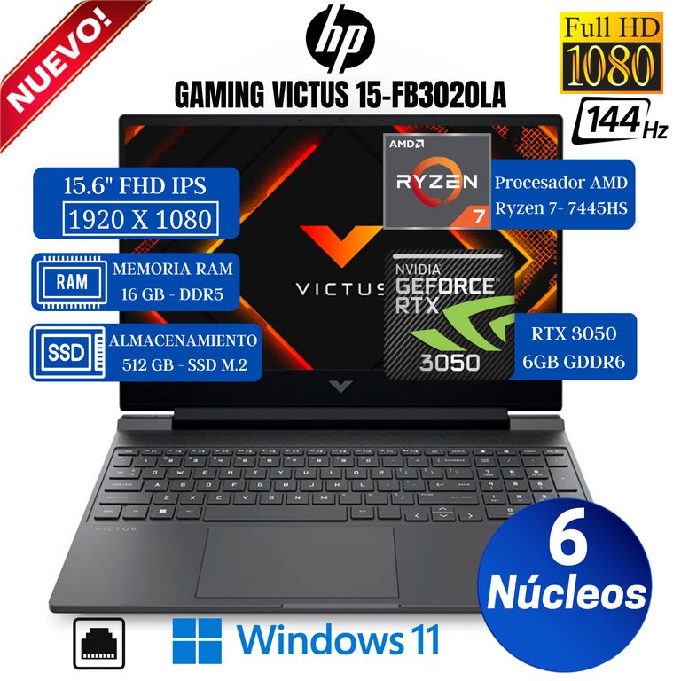 Laptop Victus Gaming 15-fb3020la 15.6 FHD, Ryzen 7-7445HS, Ram 16GB, SSD 512GB, Rtx 3050, Win11